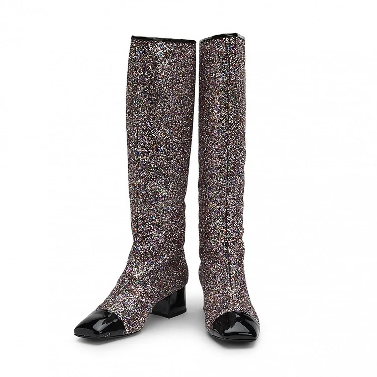 Black Glitter Square Toe Chunky Heel Knee High Boots |FSJ Shoes