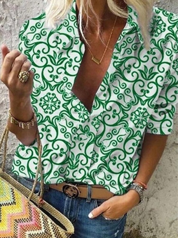 Ethnic Print Long Sleeve Lapel Vintage Shirt For Women P1673997