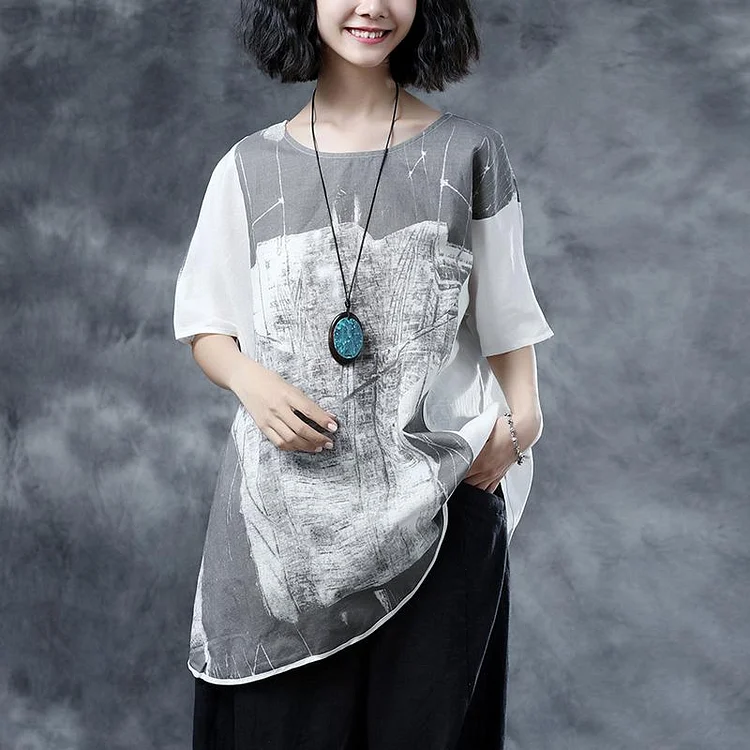 Elegant linen summer top casual Short Sleeve Abstract Pattern White Summer Blouses Shirts