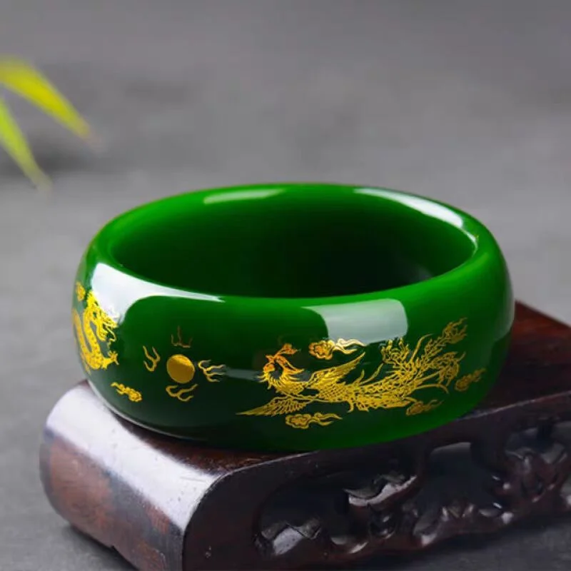 Authentic Xinjiang Hetian Jade Bracelet Bangle for Women with Gold-Outlined Dragon and Phoenix Design and Wide Spinach Green Jade Stone Bangle