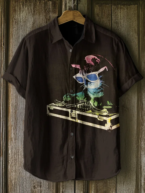 Men's Dj Cat Art Print Casual Shirt
