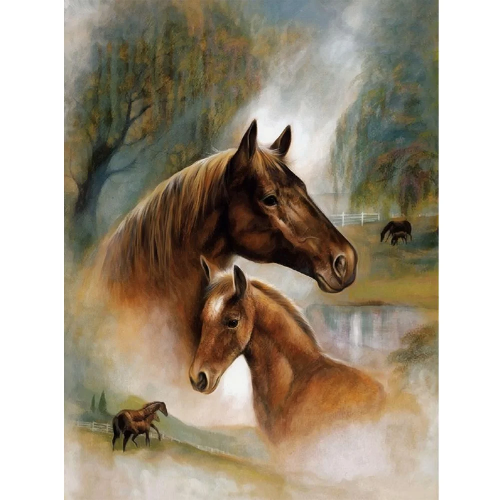 Partial Round Diamond Painting - Horse Family(30*40cm)