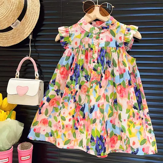 【18M-8Y】Girl Fashion Sweet Colorful Printed Ruffle Sleeveless Dress - 33403