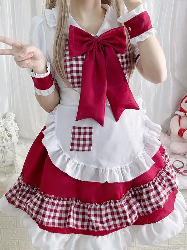 Lolita Bubble Sleeve Tiered Bowknot Shirt Collar Mini Maid Dress