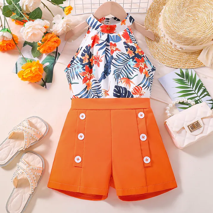 【3Y-12Y】2-piece Girls Stylish Floral Print Hanging Neck Top And Orange Shorts Set