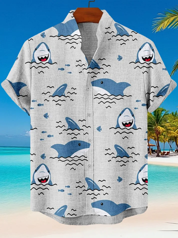 Men's Cartoon Shark Graphic Print Vacation Shirt