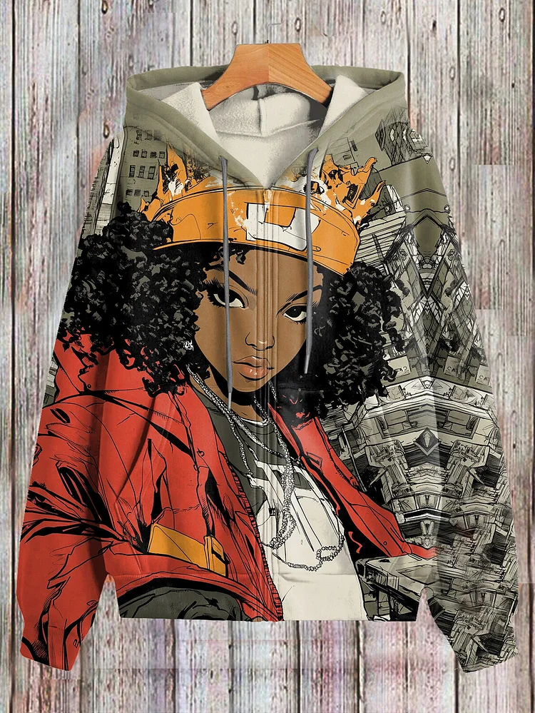 Women's Afro Black Girl Rapper Hip Hop Art Print Hooded Zip Up Jacket