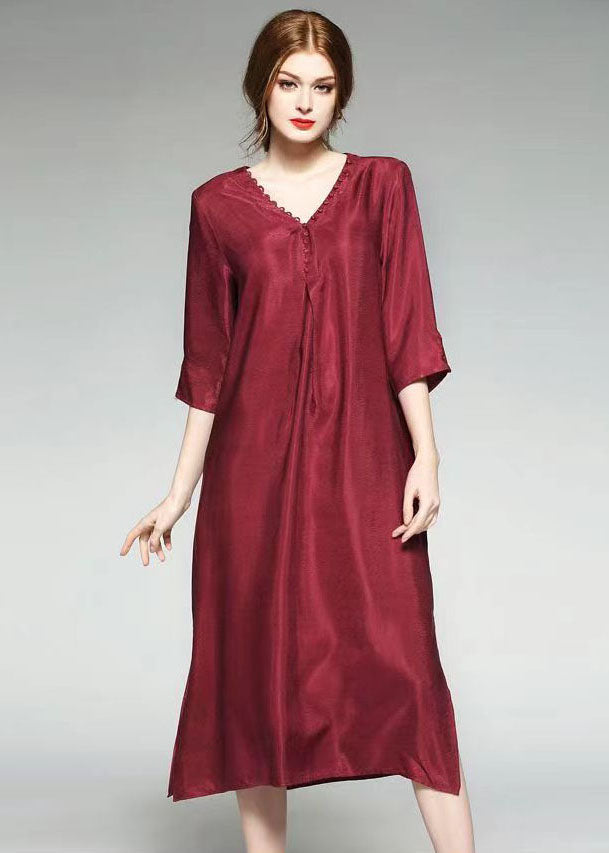 Wine Red Patchwork Silk Dress V Neck Side Open Bracelet Sleeve wine-red-patchwork-silk-dress-v-neck-side-open-bracelet-sleeve