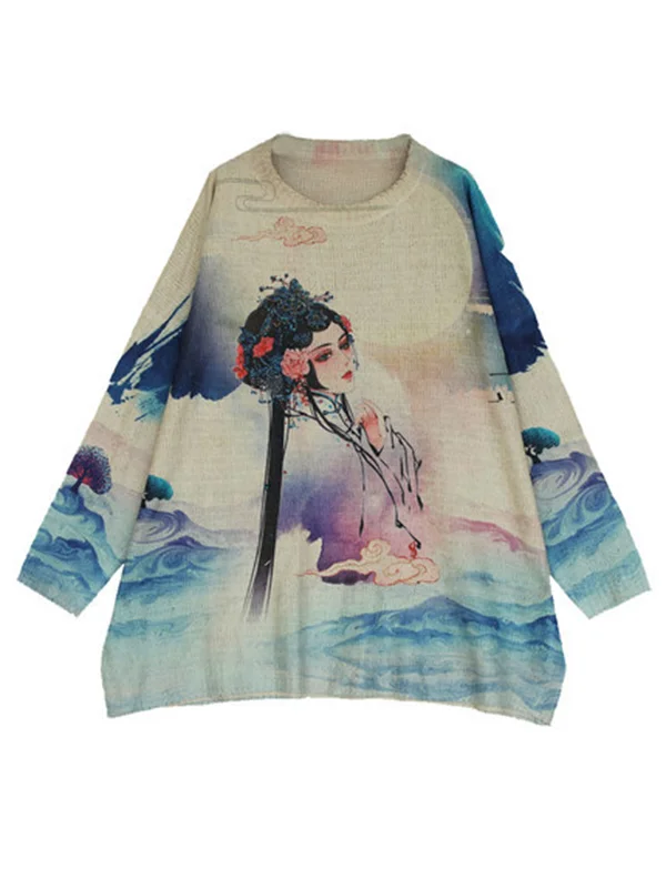 Artistic Retro Cartoon Stamped Kintting Sweater