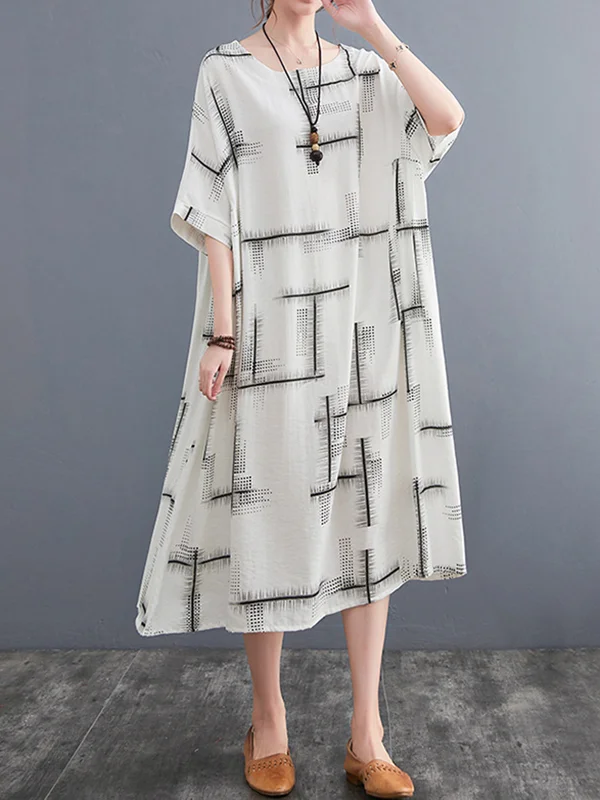 Artistic Retro Roomy Striped Stamped Contrast Color Midi Dress