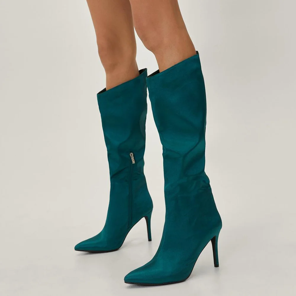 Green Satin Pointed-Toe Zipper Knee-High Boots with Stiletto Heels Nicepairs