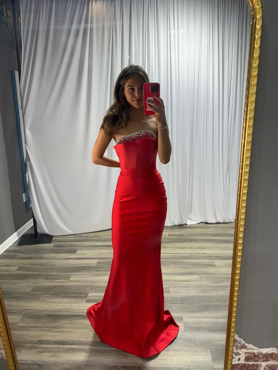 Red Satin Asymmetric Strapless Sleeveless Long Mermaid Prom Dress With Rhinestones | YK0845 Wellcucu