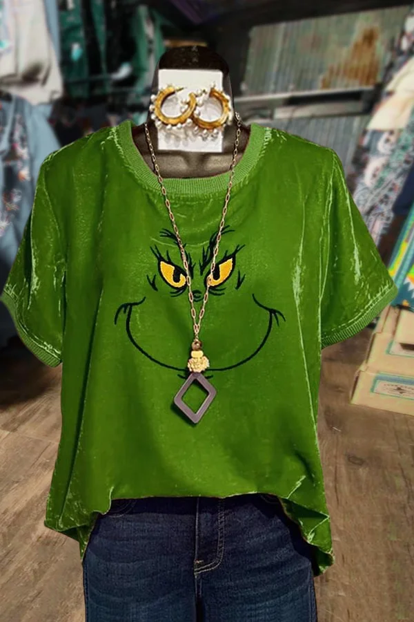 Christmas Grinch Embroidered Velvet Top