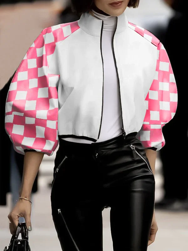 Contrast Color Plaid Split-Joint Long Sleeves Roomy Stand Collar Outerwear