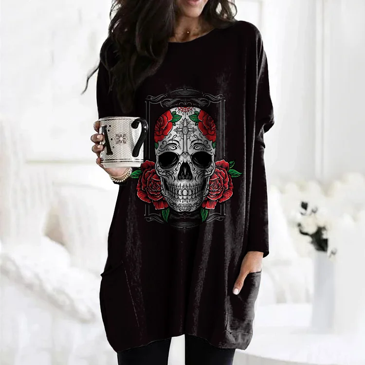 Vefave Day Of The Dead Print Crew Neck Pocket Casual Tunic