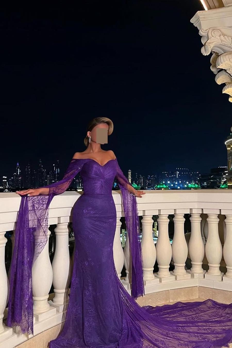 Miabel Stunning Purple Lace Embroidery Slim Long Sleeves Prom Dress with  Train