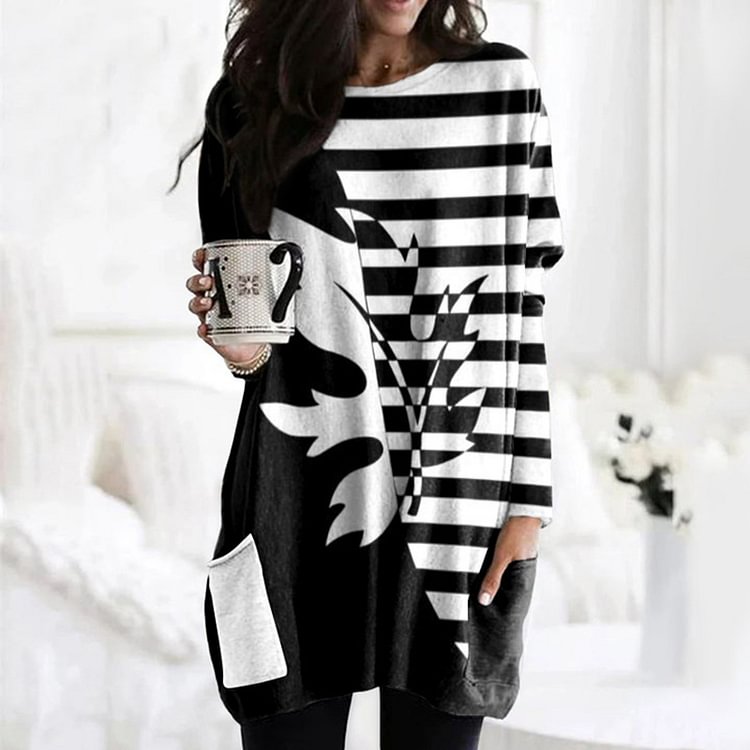 Vefave Casual Striped Leaf Print Tunic