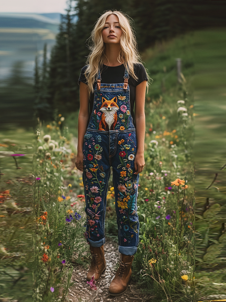 Respect The Locals Fox Floral Embroidered Denim Overalls