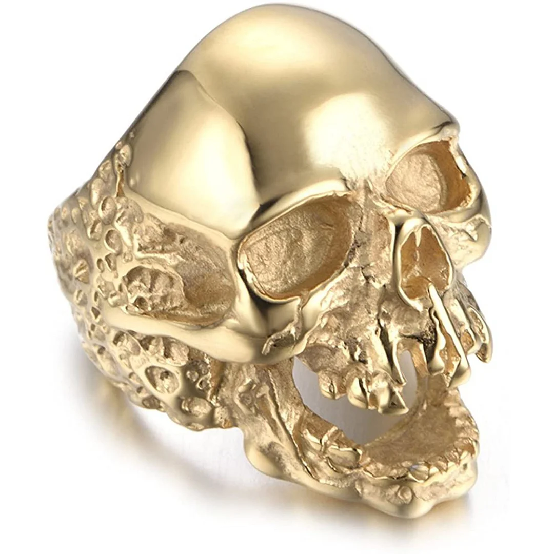 JAJAFOOK Jewelry Men's Stainless Steel Gold Tone Gothic Skull Rings, Domineering, Biker, High Polished