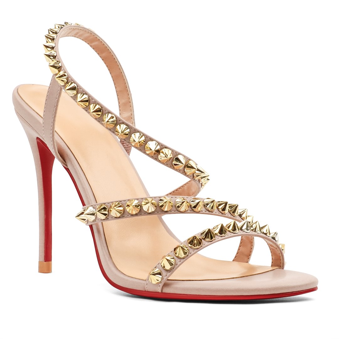 100mm Cross Heel Elastic Strap Gold Studs Red Bottoms Party Stiletto Sandals Pumps-vocosishoes