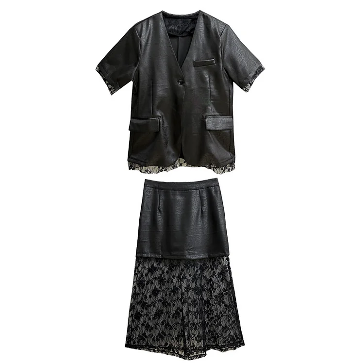 Elegant V-Neck Short Sleeve Blazer & Lace Splicing Skirt Set