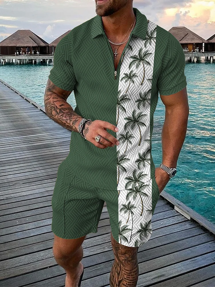 Men's Clothing  summer popular short-sleeved vacation seaside coconut tree men's casual T-shirt suit manufacturer supply_ ecoleips_old