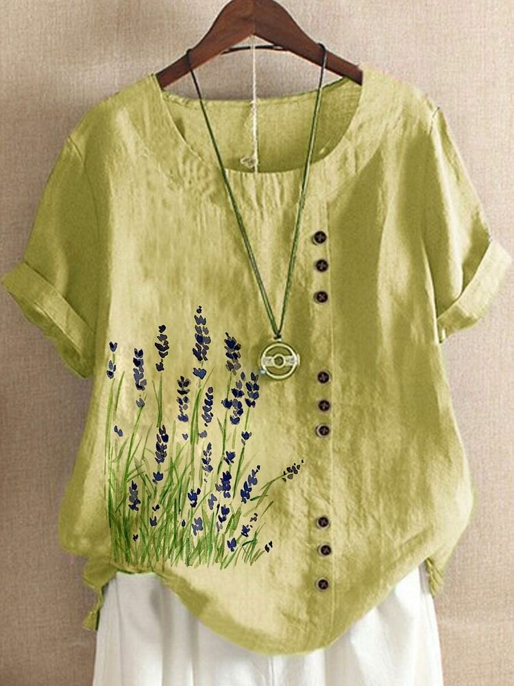 Floral Print O neck Button Short Sleeve Women T Shirt P1849654