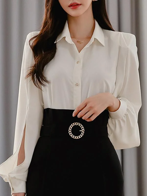 Casual Slit Puff Sleeve White Solid Blouse