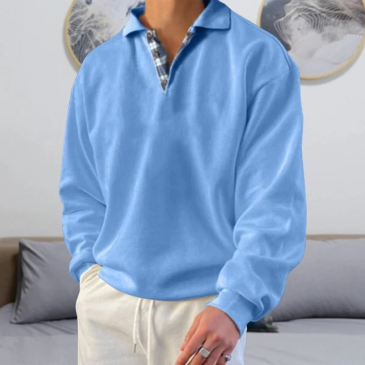 Men's Plaid Patchwork Turndown Collar Long Sleeve Sweatshirt