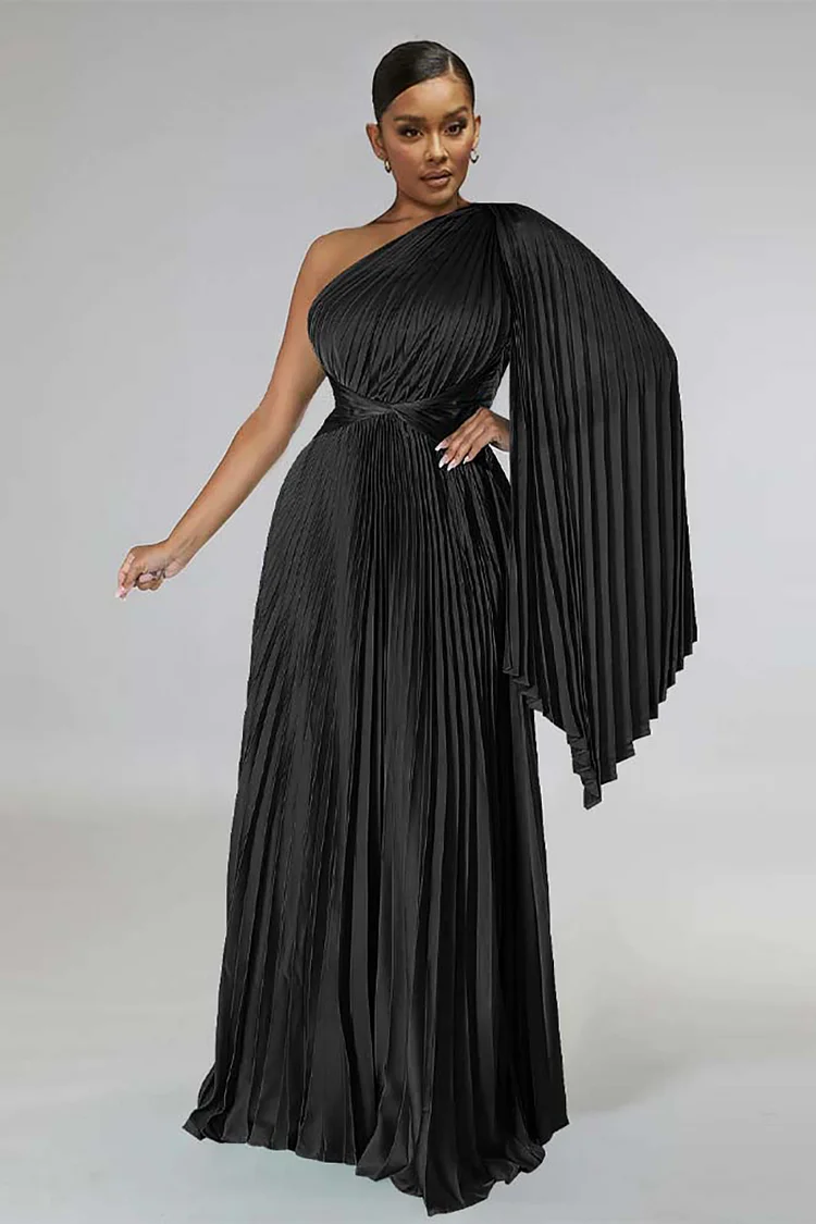 One Shoulder Sleeveless Sash All Over Pleated Gown Maxi Dresses