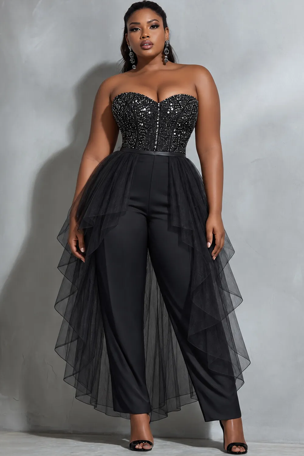 Xpluswear Design Plus Size Formal Tulle Black Strapless With Skirt