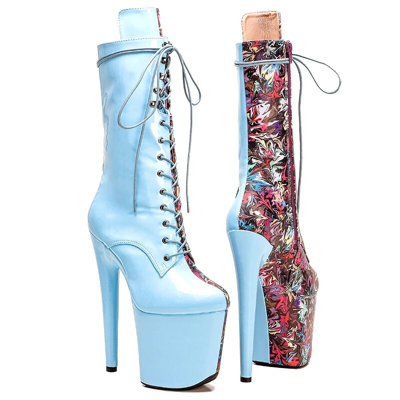 TAAFO 20CM/8Inch Genuine Leather Flower With Blue Color PU Patent Platform Disco Party High Heels Pole Dance Boot