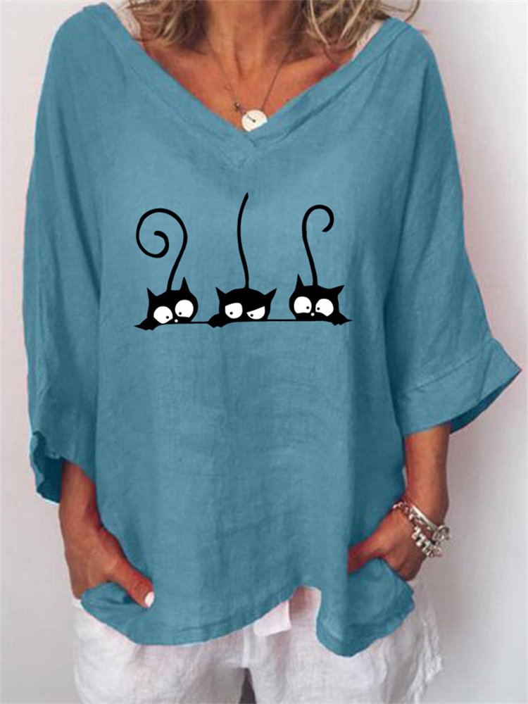 Vefave Black Cats Graphic V Neck Tunic