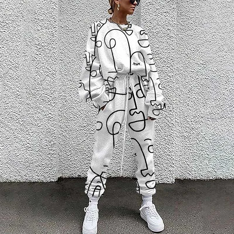 UForever21 Abstract Pattern Print Women 2 Pieces Sets Casual O Neck Tops And Loose Pant Tracksuit Sets 2022 Autumn Women Style Streetwears