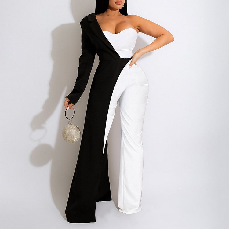 Vefave Fashion Sexy Asymmetric Colorblock Jumpsuit