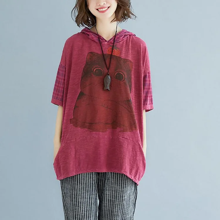 fashion pure linen blouse oversize Plaid Summer Short Sleeve High-low Hem Purple Hooded Blouse