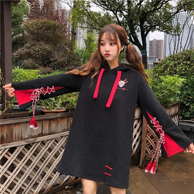 Black Loose Laced Fleece Hoodie Dress S13024