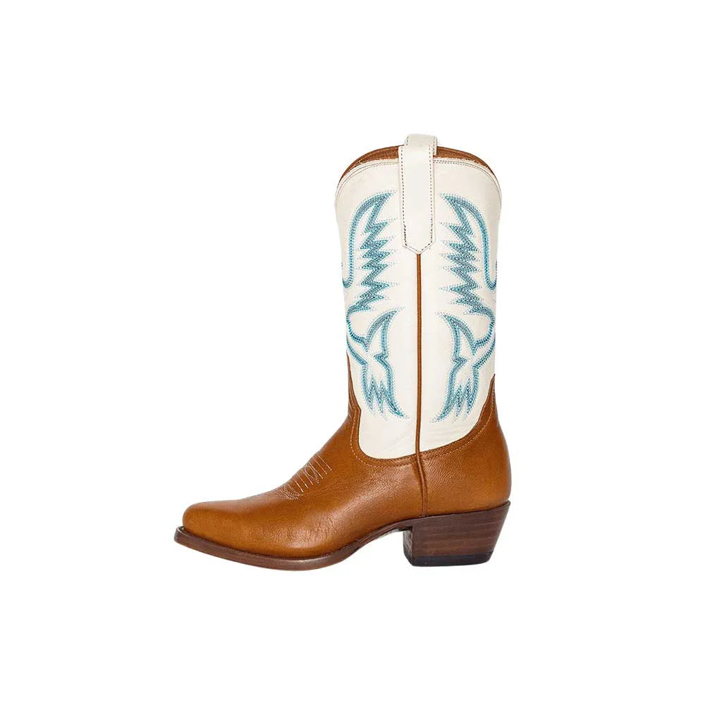 Brown & White Almond Toe Mid-Calf Cowgirl Boots with Chunky Heel Nicepairs