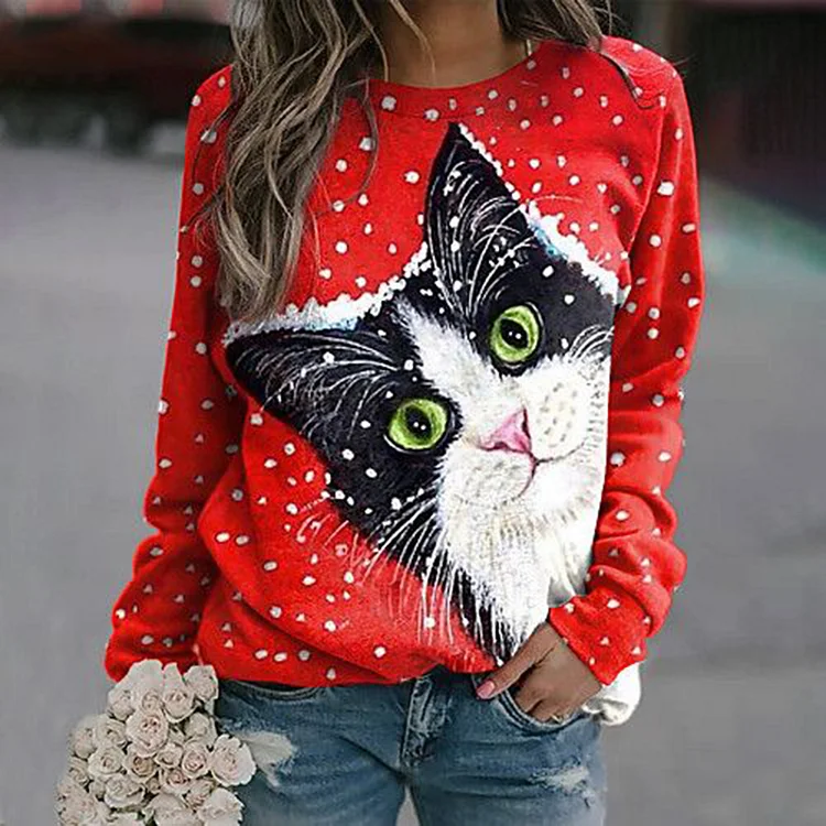 Vefave Christmas Cat Print Crew Neck Long Sleeve Casual Sweatshirt