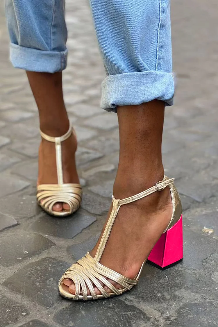Color Block Peep-Toe Sandals T-Strap Chunky Heels