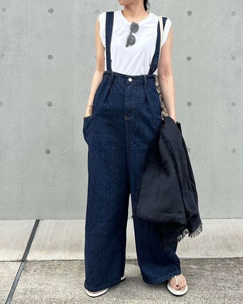 Wide Shoulder Strap Sleeveless Solid Color Wide Leg Jumpsuit