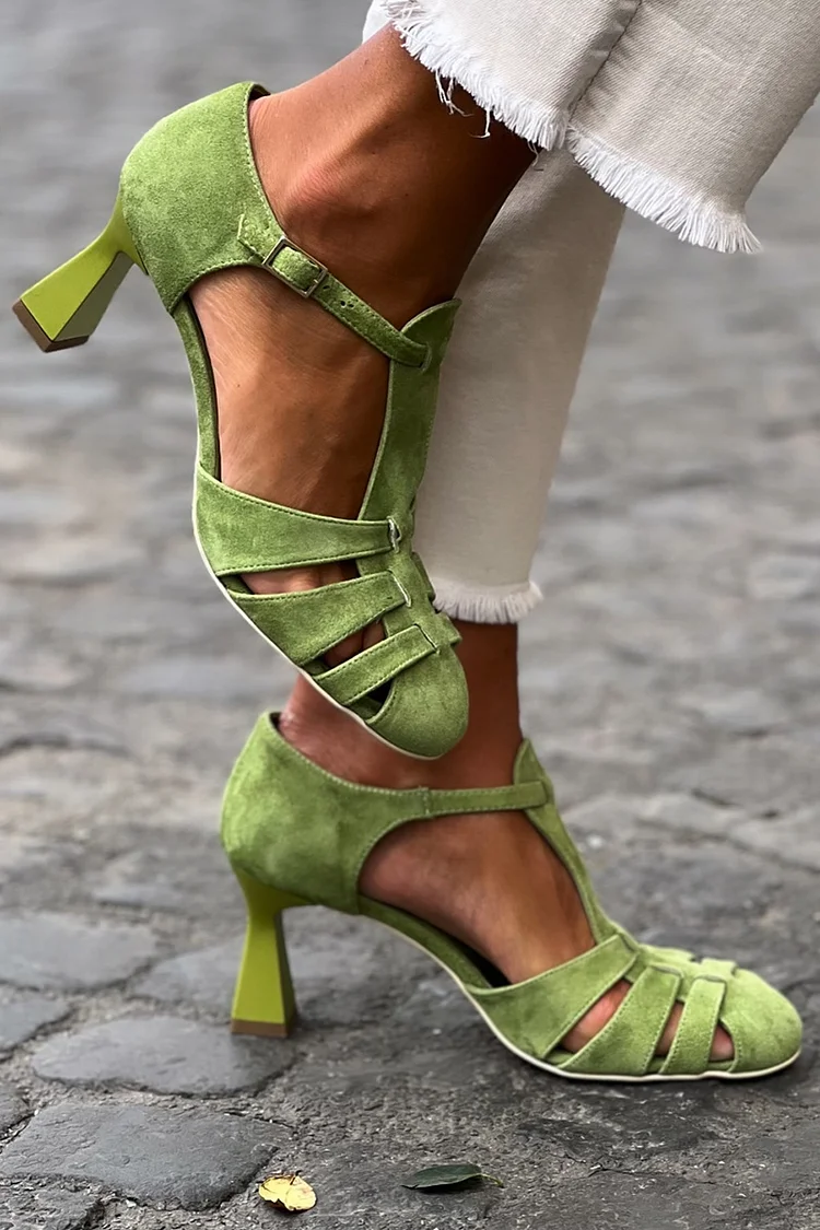 Hollowed Crochet Straps Closed Toe Green Sandals Heels [Pre Order]