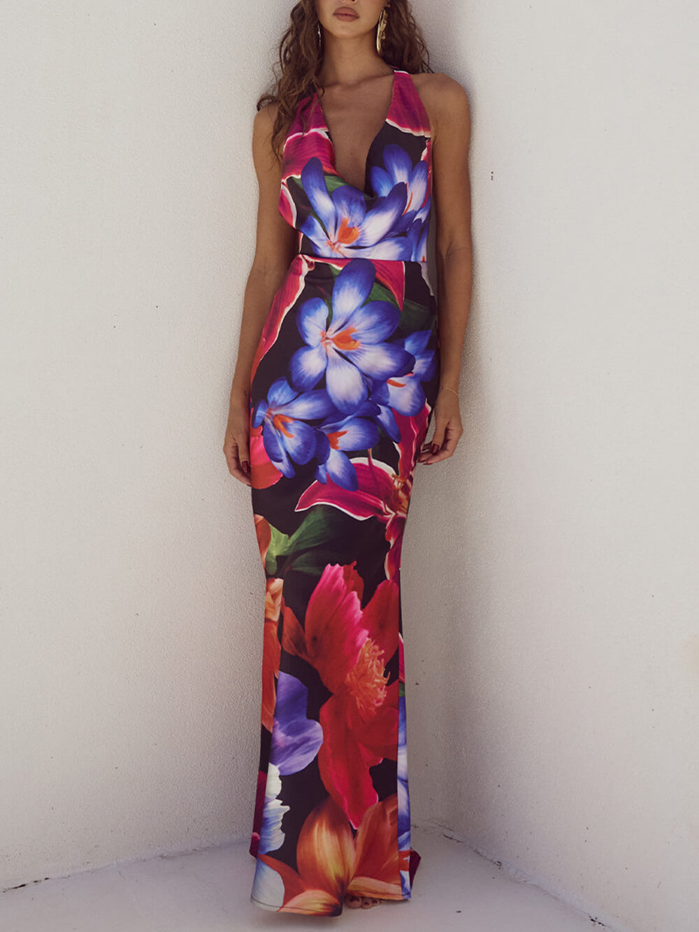 Floral Halter Neck Backless Dress main image 1