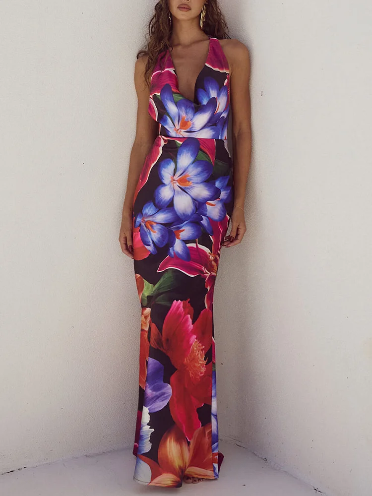 Halter Neck Floral Print Deep V Backless Maxi Dress