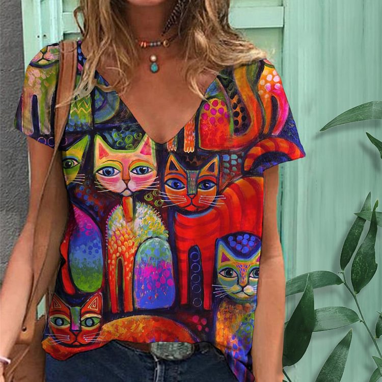 Casual Loose Vintage Cat Print T-Shirt
