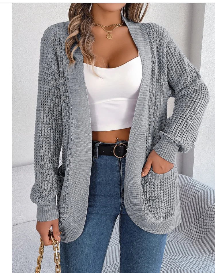 Long Sleeves Loose Pockets Solid Color Collarless Cardigan Tops