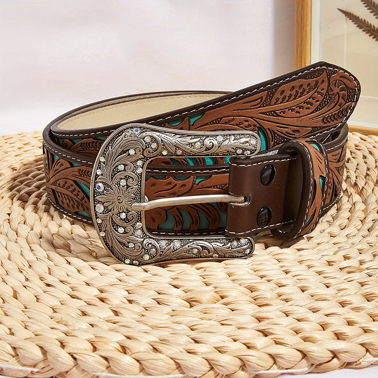 Western Carved PU Belts Vintage Hollow Out Boho Waist Belt Rhinestone Inlaid Buckle Cowgirl Cowboy Belts For Women & Men
