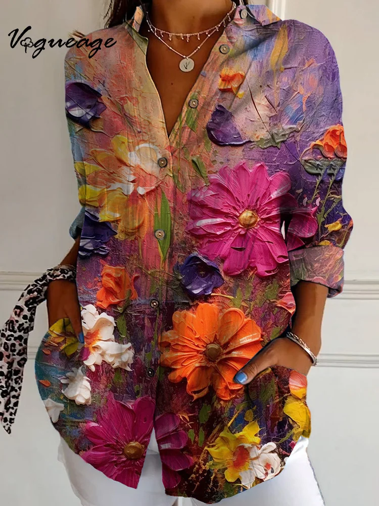 Multi-Color Oil Painting Style Realistic Flowers Long Sleeves Printed Cotton And Linen Shirt