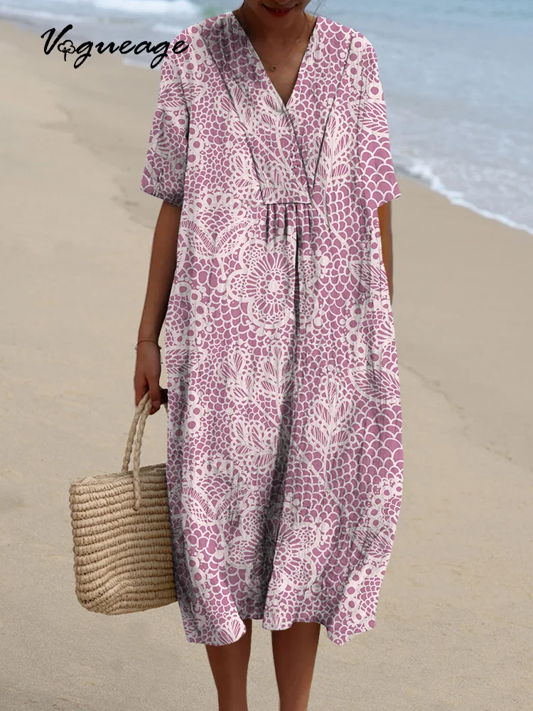 Simple Leisure Plants And Flowers Printed Women's Casual Cotton And Linen Dress