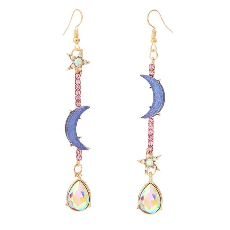 Asymmetric Blue Moon Star Earrings